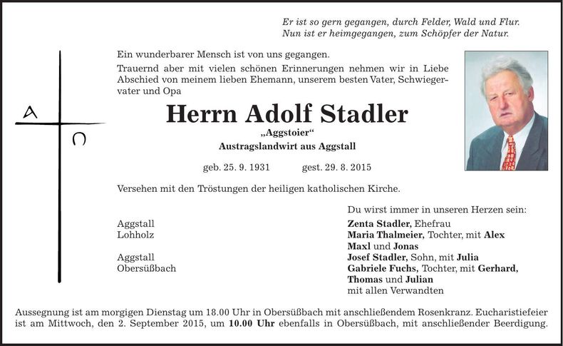 Traueranzeige Adolf Stadler