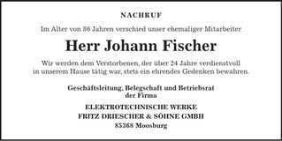 Traueranzeige Johann Fischer
