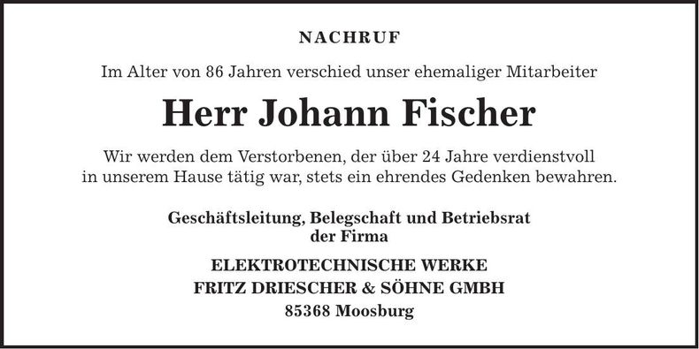 Traueranzeige Johann Fischer