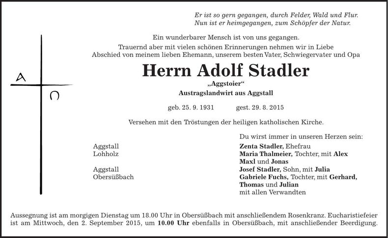 Traueranzeige Adolf Stadler