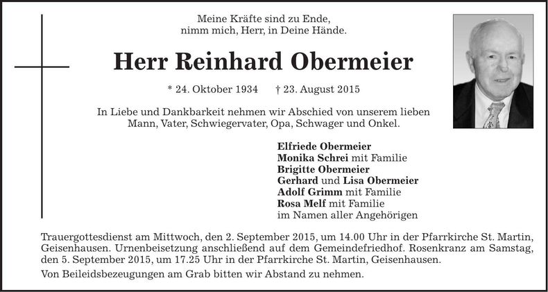 Traueranzeige Reinhard Obermeier
