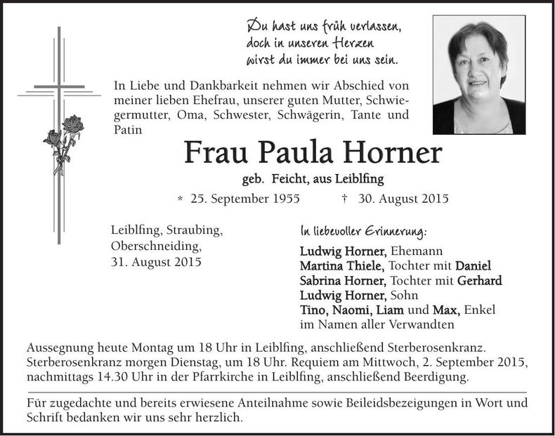 Traueranzeige Paula Horner