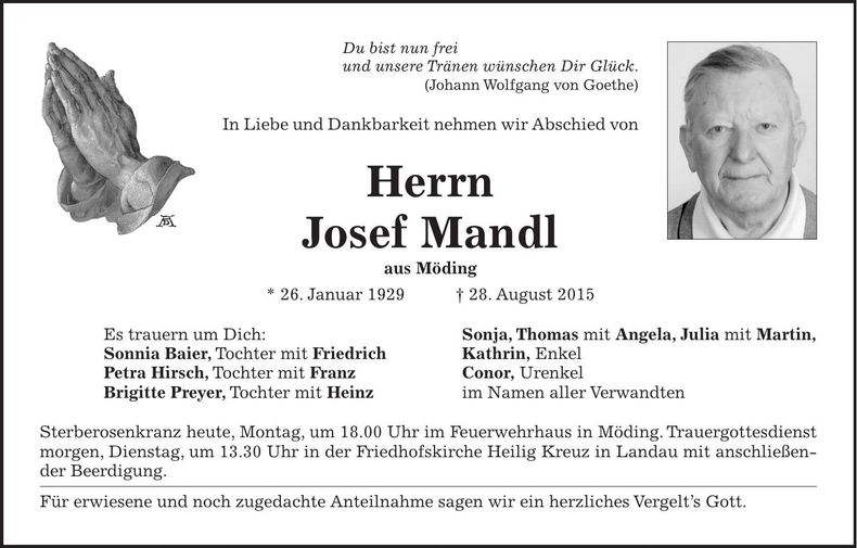 Traueranzeige Josef Mandl