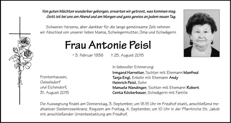 Traueranzeige Antonie Peisl
