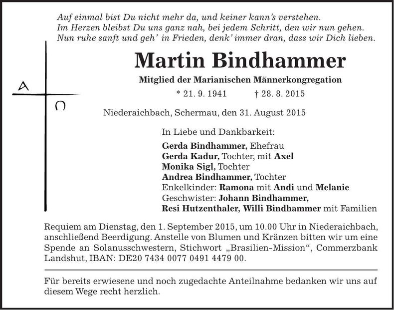 Traueranzeige Martin Bindhammer