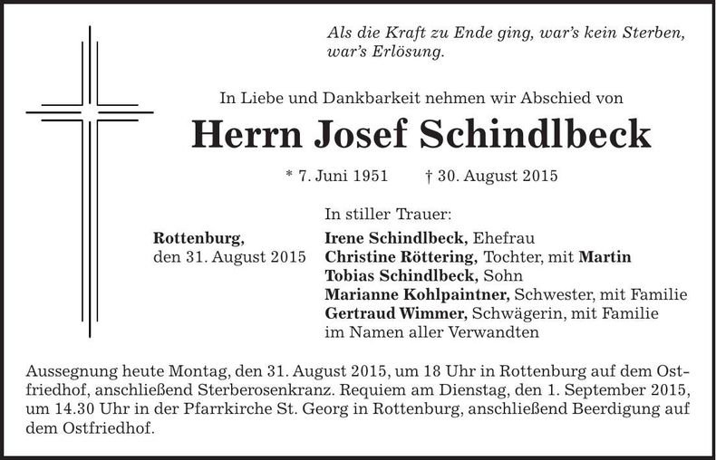 Traueranzeige Josef Schindlbeck