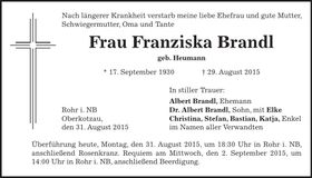 Traueranzeige Franziska Brandl