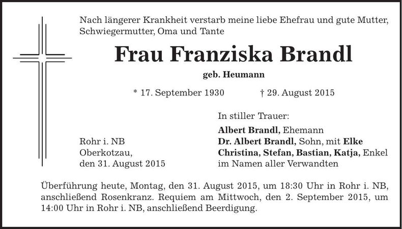 Traueranzeige Franziska Brandl