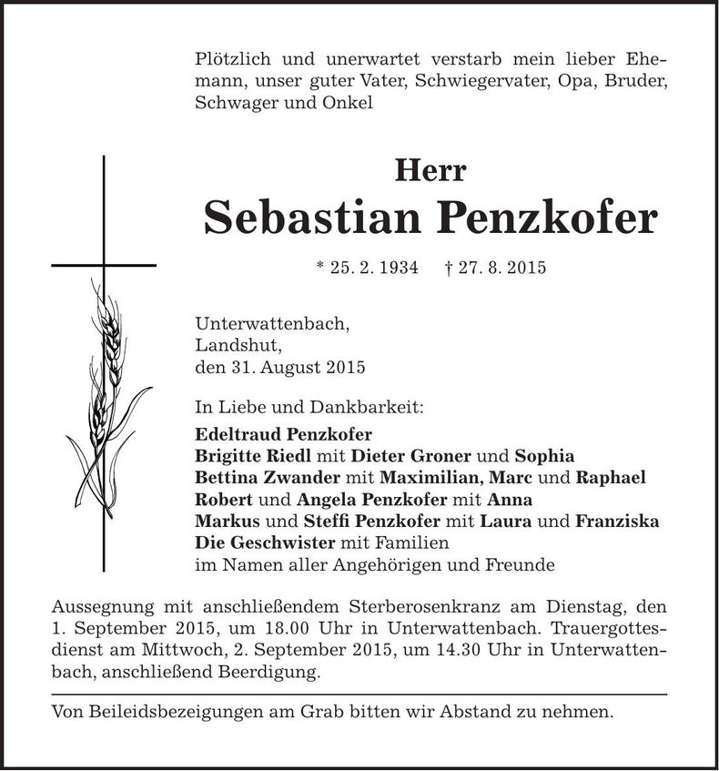 Traueranzeige Sebastian Penzkofer