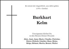 Traueranzeige Burkhart Kelm