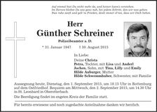 Traueranzeige Günther Schreiner