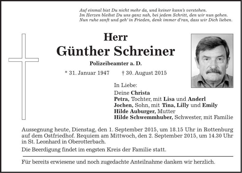 Traueranzeige Günther Schreiner