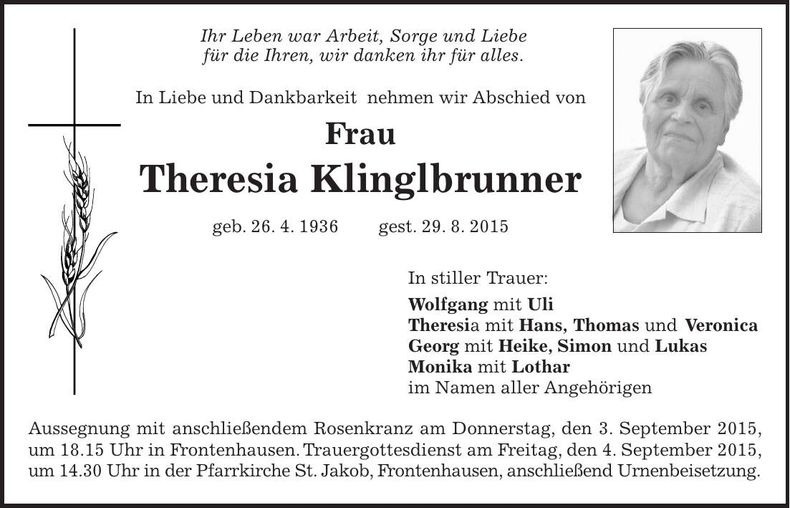 Traueranzeige Theresia Klinglbrunner