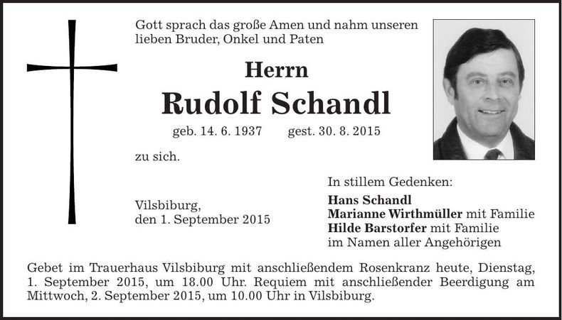 Traueranzeige Rudolf Schandl