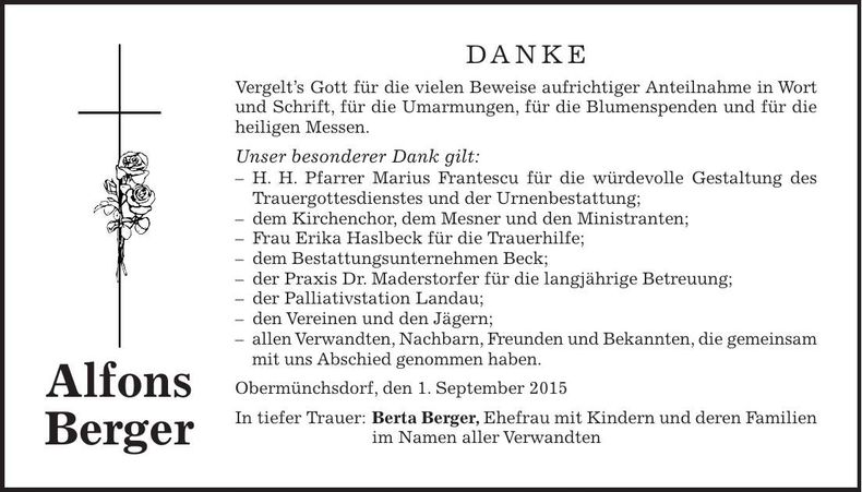 Traueranzeige Alfons Berger