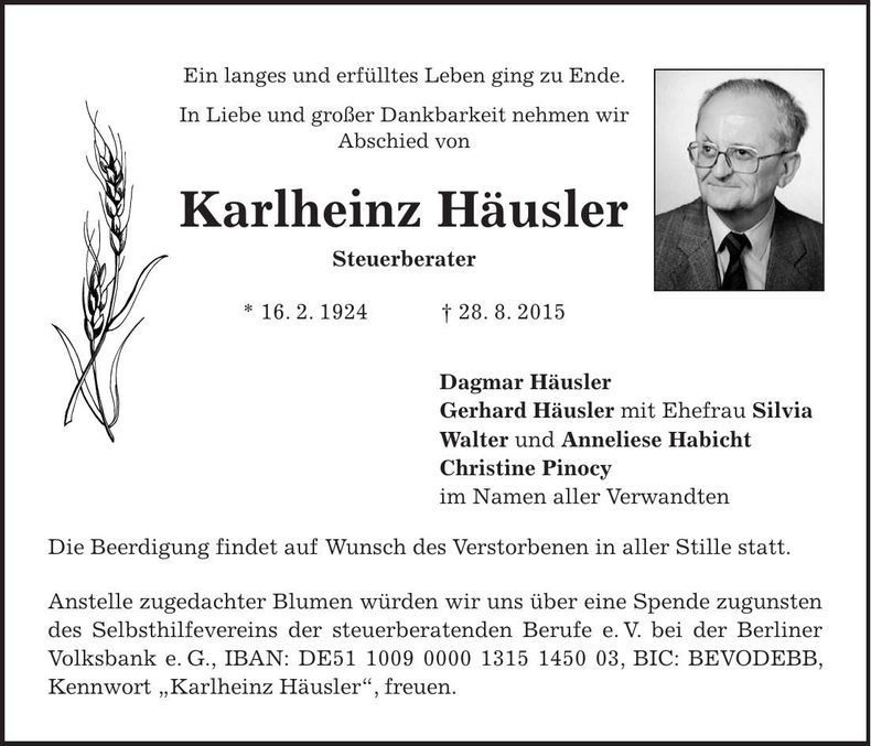 Traueranzeige Karlheinz Häusler