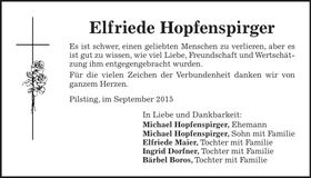 Traueranzeige Elfriede Hopfenspirger