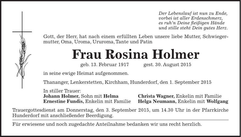 Traueranzeige Rosina Holmer