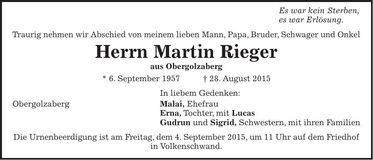 Traueranzeige Martin Rieger