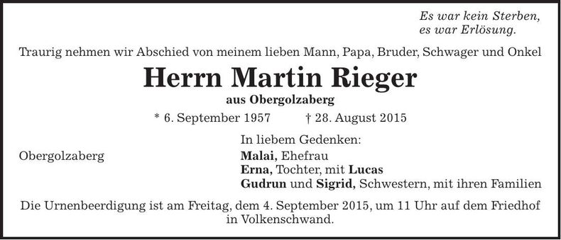Traueranzeige Martin Rieger