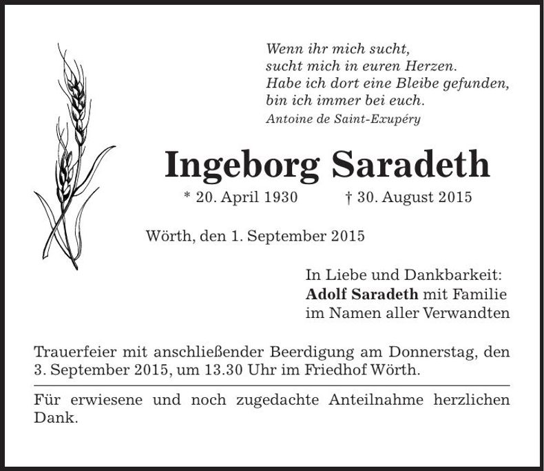Traueranzeige Ingeborg Saradeth