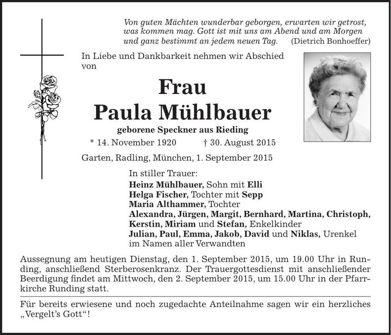 Traueranzeige Paula Mühlbauer