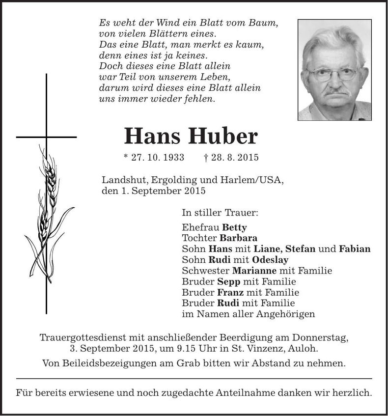 Traueranzeige Hans Huber