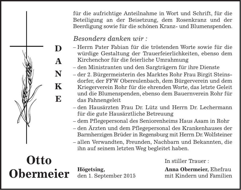 Traueranzeige Otto Obermeier