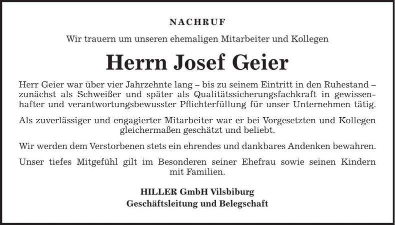 Traueranzeige Josef Geier
