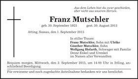 Traueranzeige Franz Mutschler