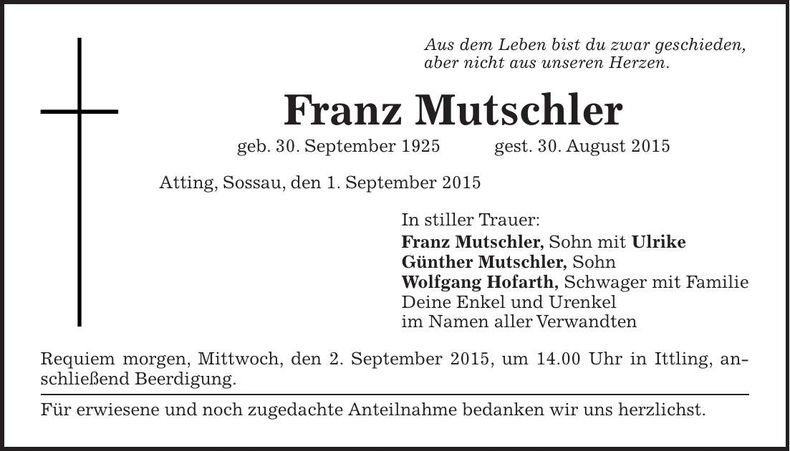 Traueranzeige Franz Mutschler