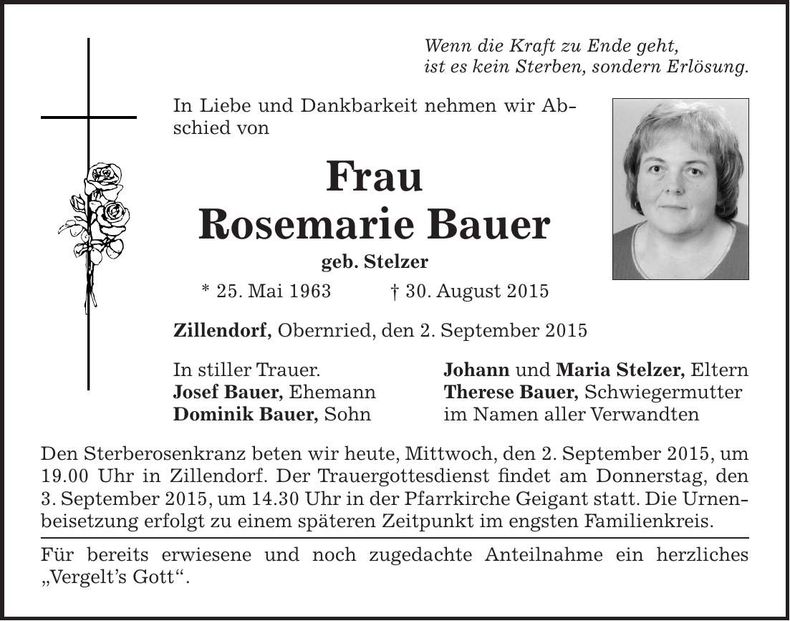 Traueranzeige Rosemarie Bauer