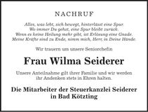 Traueranzeige Wilma Seiderer