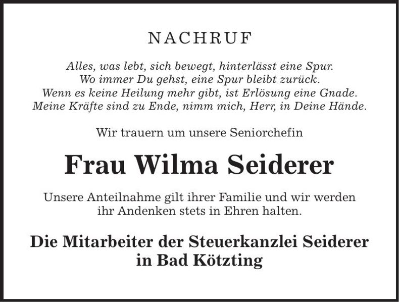 Traueranzeige Wilma Seiderer