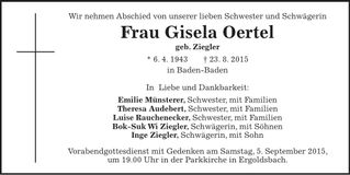 Traueranzeige Gisela Oertel