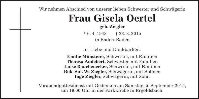 Traueranzeige Gisela Oertel