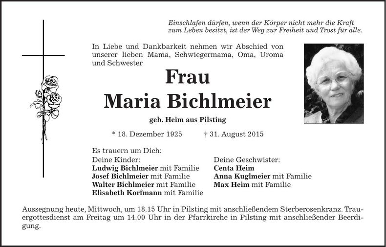 Traueranzeige Maria Bichlmeier