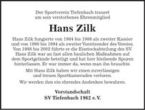 Traueranzeige Johann Zilk