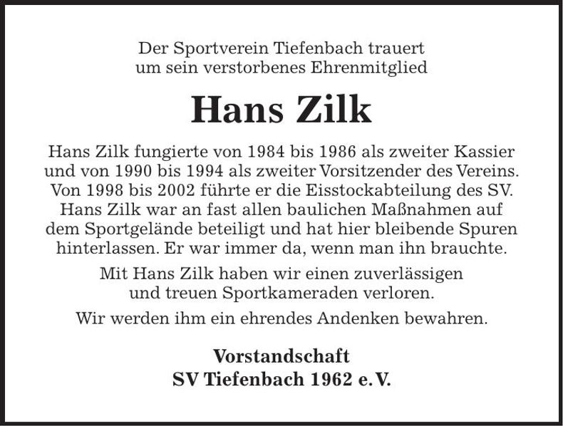 Traueranzeige Johann Zilk