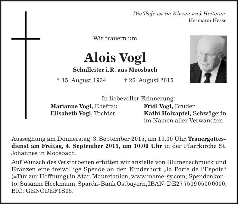 Traueranzeige Alois Vogl