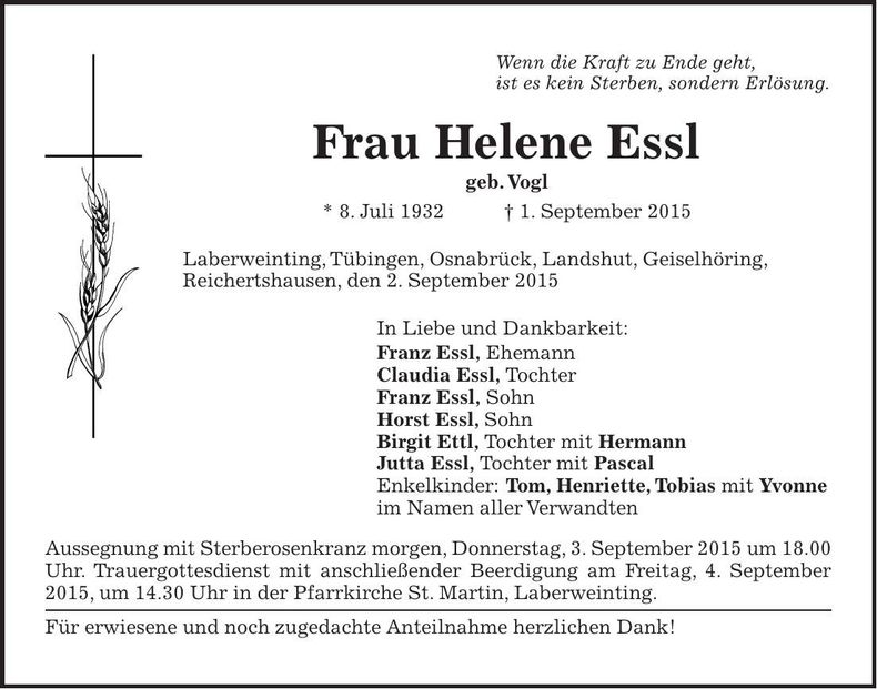 Traueranzeige Helene Essl