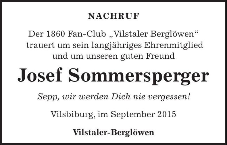Traueranzeige Josef Sommersperger