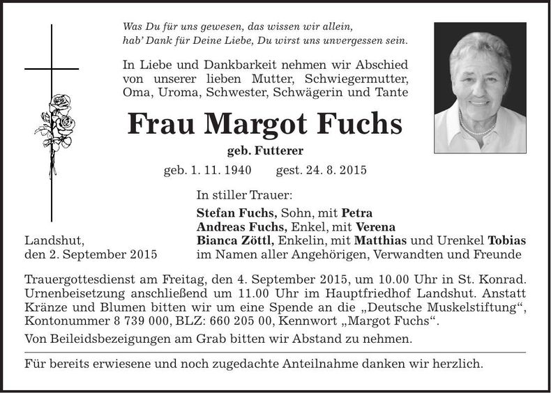 Traueranzeige Margot Fuchs