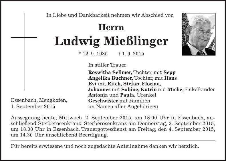 Traueranzeige Mießlinger Ludwig