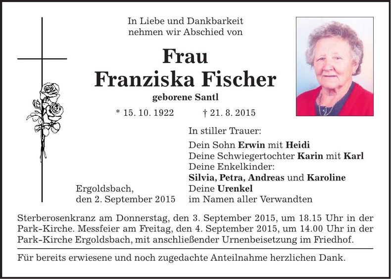 Traueranzeige Franziska Fischer
