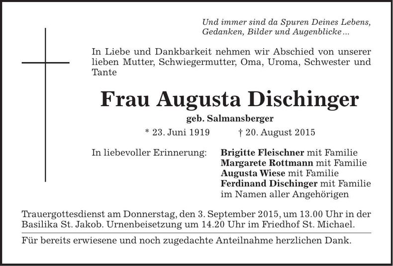 Traueranzeige Augusta Dischinger