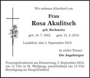Traueranzeige Rosa Akulitsch