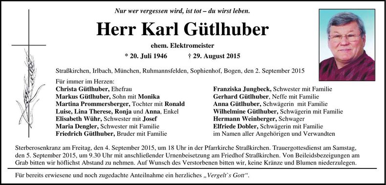 Traueranzeige Karl Gütlhuber