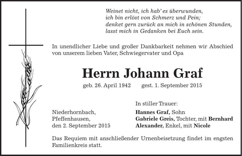 Traueranzeige Johann Graf