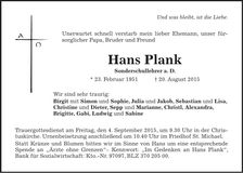 Traueranzeige Hans Plank